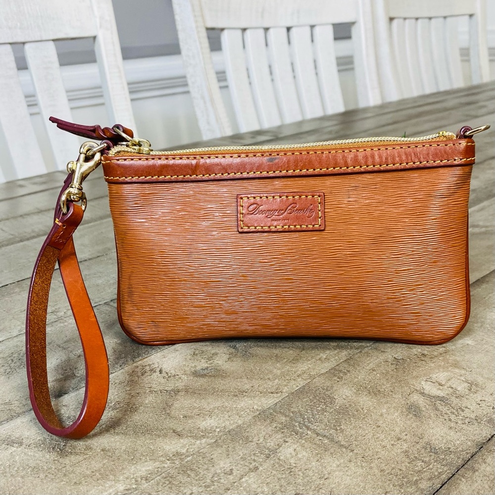 Dooney & Bourke Cognac Textured Leather Wristlet with Gold Hardware